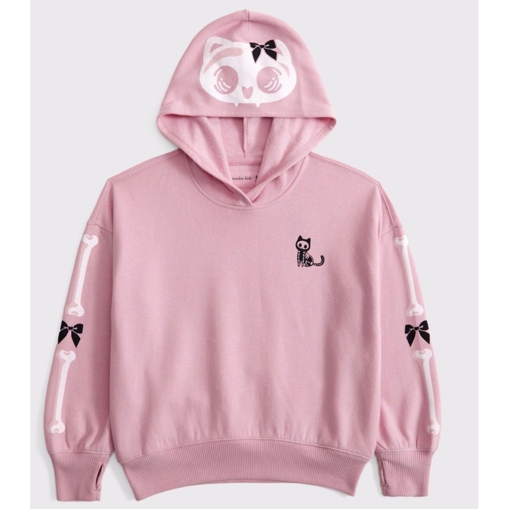 Abercrombie Kids Girls Pink Spooky Skeleton Cat Graphic Hoodie Size 9/10